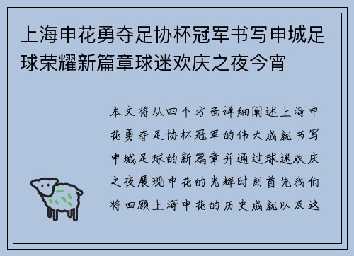 上海申花勇夺足协杯冠军书写申城足球荣耀新篇章球迷欢庆之夜今宵
